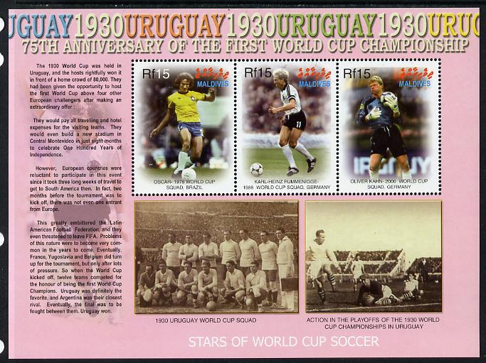 Maldive Islands 2005 Football - 75th Anniversary of First World Cup perf sheetlet containing 3 values unmounted mint. Note this item is privately produced and is offered purely on its thematic appeal, stamps on football