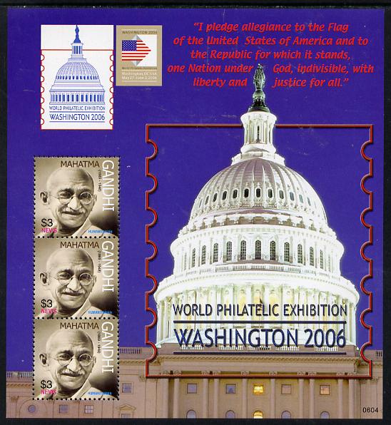 Nevis 2006 Washington Stamp Exhibition (Mahatma Gandhi) perf sheetlet containing 3 values unmounted mint, stamps on stamp exhibitions, stamps on americana, stamps on gandhi
