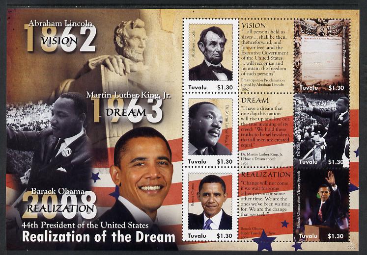 Tuvalu 2009 Barack Obama - 44th President of the United States perf sheetlet containing 6 values & 3 labels unmounted mint, stamps on personalities, stamps on constitutions, stamps on americana, stamps on usa presidents, stamps on obama, stamps on lincoln, stamps on luter king, stamps on 