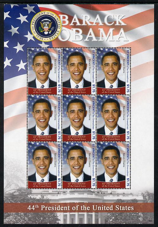 St Vincent 2009 Barack Obama - 44th President of the United States perf sheetlet containing 9 values unmounted mint, stamps on personalities, stamps on constitutions, stamps on americana, stamps on usa presidents, stamps on obama, stamps on 