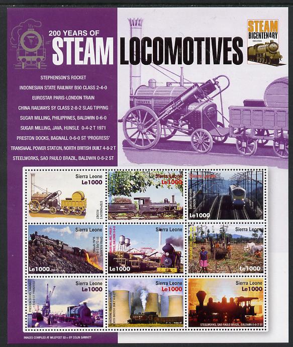 Sierra Leone 2004 200 Years of Steam Locomotives #1 perf sheetlet containing 9 values unmounted mint SG MS 4299b, stamps on railways