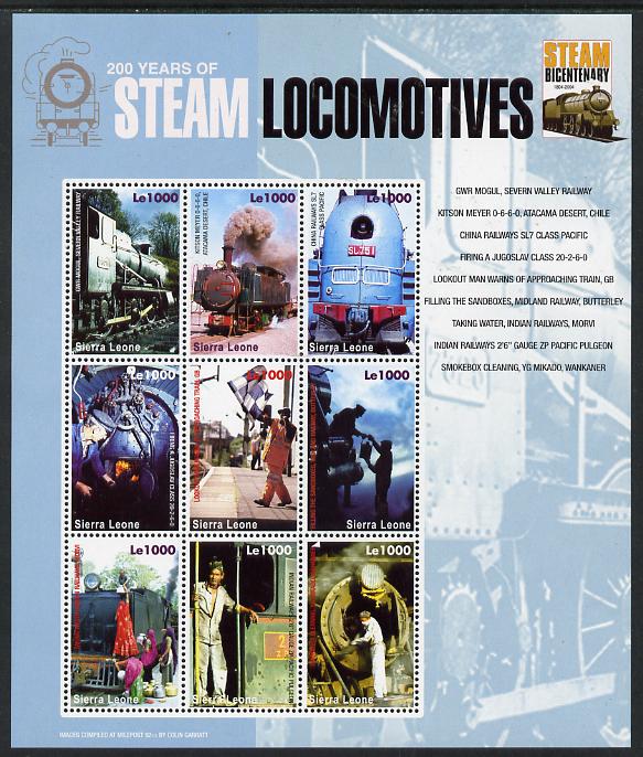 Sierra Leone 2004 200 Years of Steam Locomotives #2 perf sheetlet containing 9 values unmounted mint SG MS 4299d, stamps on railways