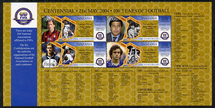 Tanzania 2004 Football - Centenary of FIFA perf sheetlet containing 4 values unmounted mint, stamps on football