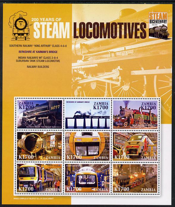 Zambia 2004 200 Years of Steam Locomotives perf sheetlet containing 9 values unmounted mint , stamps on railways