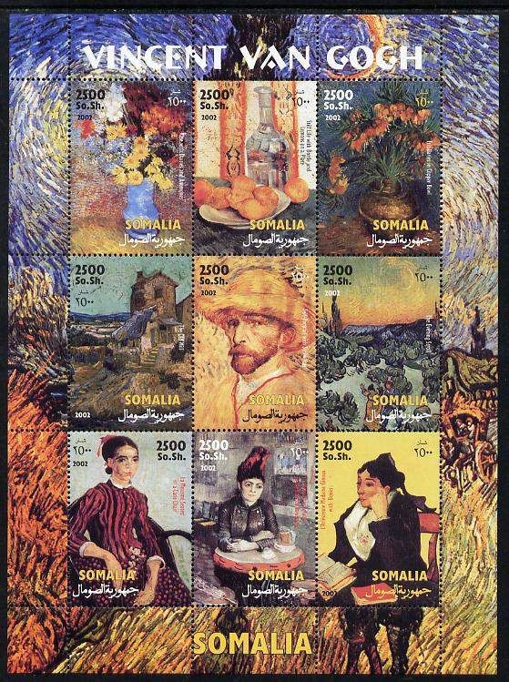 Somalia 2002 Paintings by Vincent Van Gogh perf sheetlet containing 9 values unmounted mint. Note this item is privately produced and is offered purely on its thematic appeal (vertical format), stamps on arts, stamps on van gogh