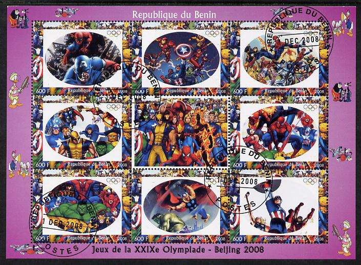 Benin 2008 Beijing Olympics - Comic Book Heroes & Disney Characters #1 perf sheetlet containing 8 values plus label fine cto used (Spider Man, Incredible Hulk & Captain America) , stamps on olympics, stamps on disney, stamps on sport, stamps on tennis, stamps on films.comics, stamps on movies, stamps on fantasy