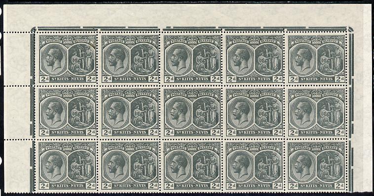 St Kitts-Nevis 1920-22 KG5 MCA Medicinal Spring 2d slate-grey marginal block of 15 Rows 1, 2 & 3 unmounted mint SG 27, stamps on , stamps on  kg5 , stamps on 