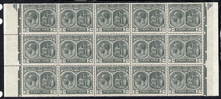St Kitts-Nevis 1920-22 KG5 MCA Medicinal Spring 2d slate-grey marginal block of 15 Rows 7, 8 & 9 unmounted mint SG 27, stamps on , stamps on  kg5 , stamps on 