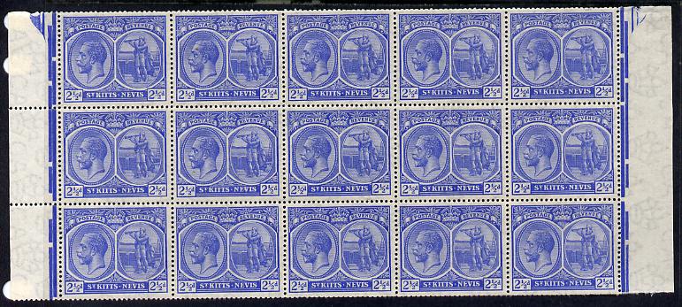 St Kitts-Nevis 1920-22 KG5 MCA Columbus 2.5d ultramarine marginal block of 15 Rows 7, 8 & 9 unmounted mint SG 28, stamps on , stamps on  kg5 , stamps on 