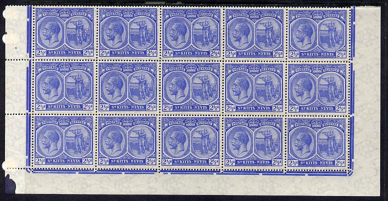 St Kitts-Nevis 1920-22 KG5 MCA Columbus 2.5d ultramarine marginal block of 15 Rows 10, 11 & 12 without plate nos unmounted mint SG 28, stamps on , stamps on  kg5 , stamps on 