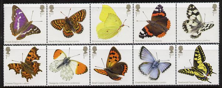 Great Britain 2013 Butterflies perf set of 10 (2 strips of 5) unmounted mint , stamps on butterflies