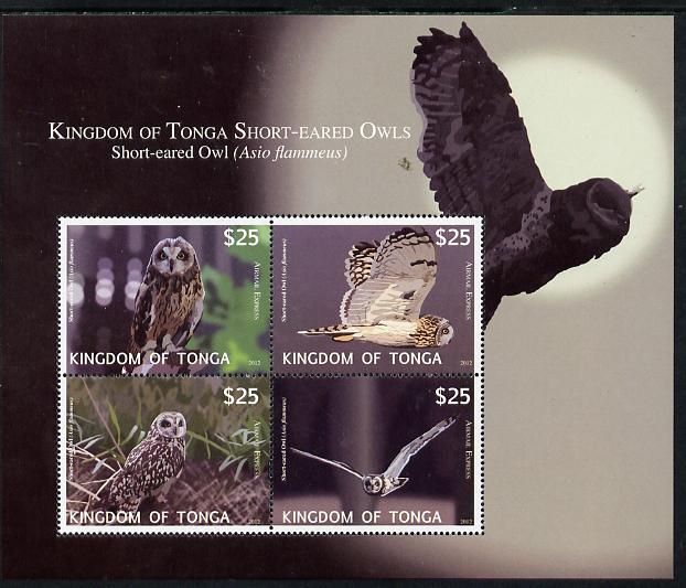 Tonga 2012 Owls (Express Mail) perf sheetlet containing set of 4 values unmounted mint , stamps on birds, stamps on birds of prey, stamps on owls, stamps on 
