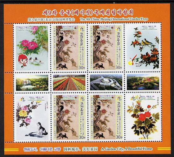 North Korea 2013 China Garden Expo perf sheetlet containing 8 values plus 4 labels unmounted mint, stamps on flowers, stamps on cats