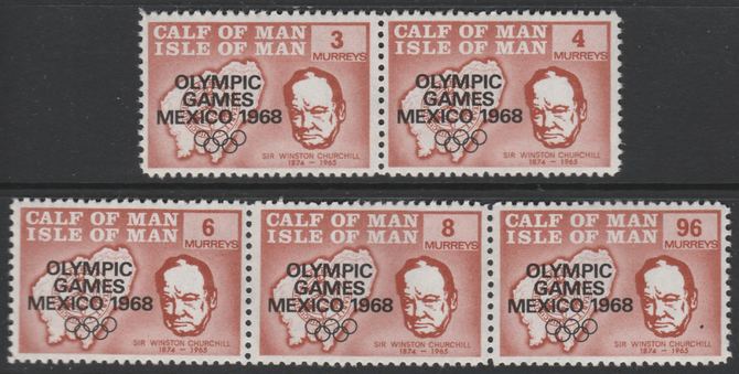 Calf of Man 1968 Olympic Games Mexico overprinted on Churchill perf set of 5 in brown P11 (as Rosen CA123-27) unmounted mint, stamps on churchill  personalities  maps   sport      olympics
