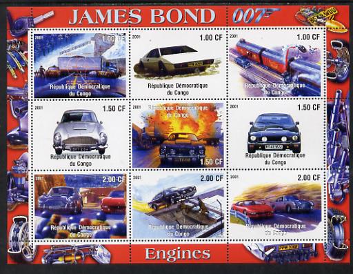 Congo 2001 James Bond - Cars #2 perf sheetlet containing 9 values unmounted mint, stamps on films, stamps on movies, stamps on cinema, stamps on  tv , stamps on  spy , stamps on cars