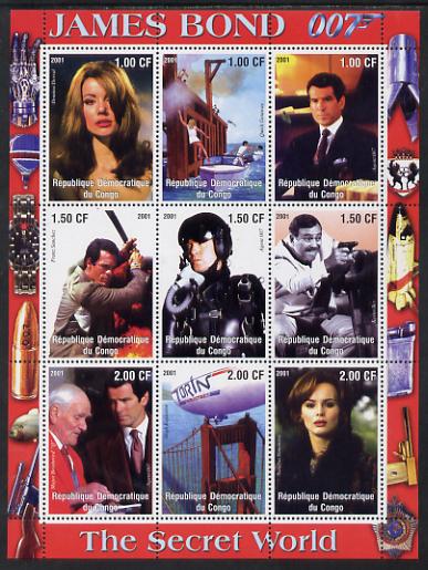 Congo 2001 James Bond - The Secret World #1 perf sheetlet containing 9 values unmounted mint, stamps on films, stamps on movies, stamps on cinema, stamps on  tv , stamps on  spy , stamps on airships, stamps on bridges