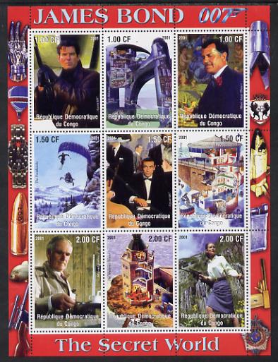 Congo 2001 James Bond - The Secret World #2 perf sheetlet containing 9 values unmounted mint, stamps on films, stamps on movies, stamps on cinema, stamps on  tv , stamps on  spy , stamps on helicopters