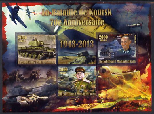 Madagascar 2014 70th Anniversary of Battle of Koursk perf sheetlet containing 3 values unmounted mint , stamps on battles, stamps on  ww2 , stamps on tanks, stamps on aviation