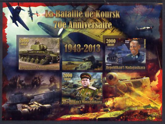 Madagascar 2014 70th Anniversary of Battle of Koursk imperf sheetlet containing 3 values unmounted mint , stamps on battles, stamps on  ww2 , stamps on tanks, stamps on aviation