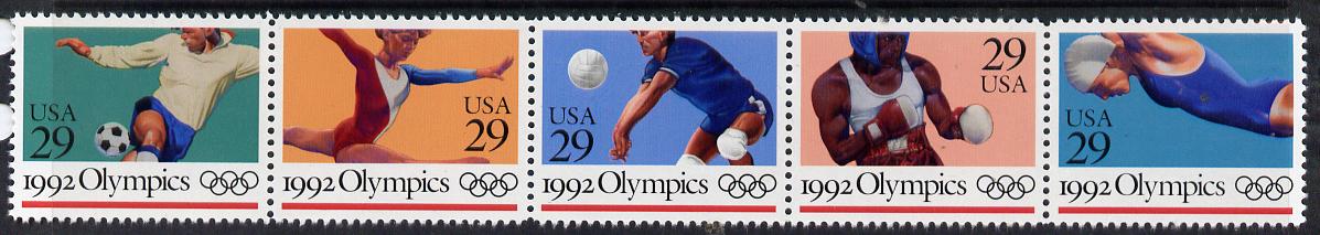 United States 1992 Barcelona Summer Olympics se-tenant strip of 5 unmounted mint SG 2667a, stamps on olympics, stamps on football, stamps on gymnastics, stamps on volleyball, stamps on boxing, stamps on swimming