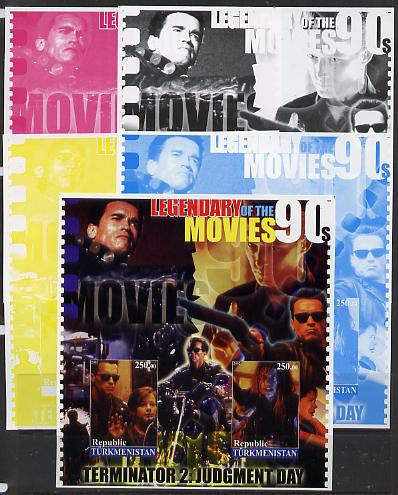 Turkmenistan 2002 Legendary Movies of the '90's - Terminator 2, large sheetlet containing 2 values - the set of 5 imperf progressive proofs comprising the 4 individual colours plus all 4-colour composite, unmounted mint , stamps on films, stamps on cinema, stamps on personalities, stamps on entertainments, stamps on motorbikes