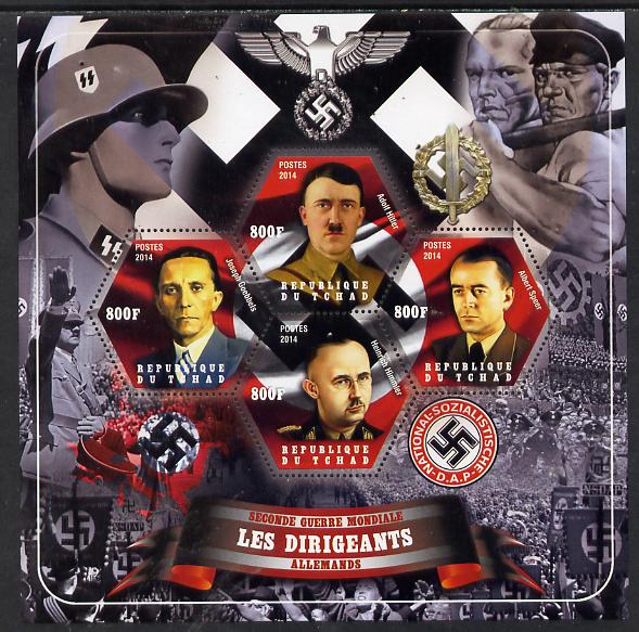 Chad 2014 Leaders in WW2 - Germany #1 - Hitler, Speer, Himmler & Goebbels perf sheetlet containing four hexagonal shaped values unmounted mint, stamps on personalities, stamps on  ww2 , stamps on shaped, stamps on militaria  , stamps on dictators.
