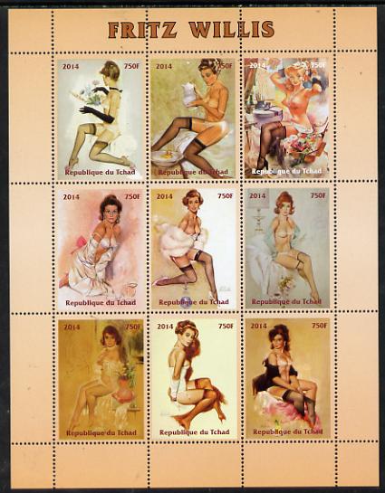 Chad 2014 Erotic Art by Fritz Willis perf sheetlet containing 9 values unmounted mint. Note this item is privately produced and is offered purely on its thematic appeal. . , stamps on , stamps on  stamps on arts, stamps on  stamps on erotica, stamps on  stamps on nudes, stamps on  stamps on pin-ups
