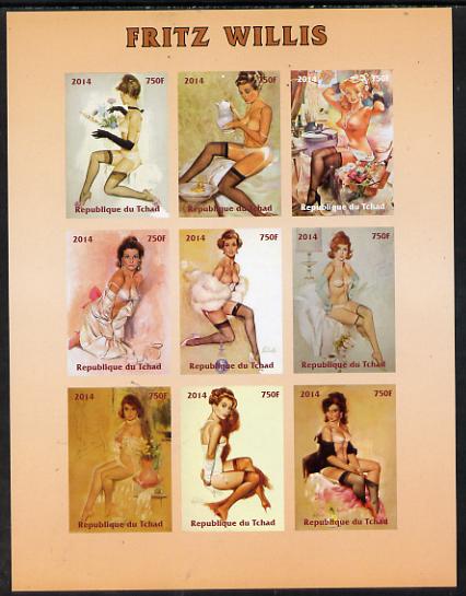 Chad 2014 Erotic Art by Fritz Willis imperf sheetlet containing 9 values unmounted mint. Note this item is privately produced and is offered purely on its thematic appeal. . , stamps on , stamps on  stamps on arts, stamps on  stamps on erotica, stamps on  stamps on nudes, stamps on  stamps on pin-ups