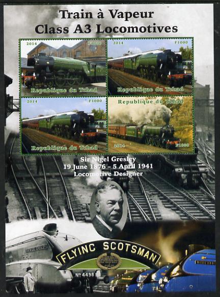 Chad 2014 Steam Trains - A3 Locomotives large perf sheetlet containing 4 values unmounted mint. Note this item is privately produced and is offered purely on its thematic..., stamps on railways