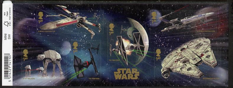 Great Britain 2015 Star Wars self adhesive m/sheet containing 6 values unmounted mint, stamps on sci-fi, stamps on self adhesive, stamps on films, stamps on movies, stamps on cinema, stamps on  tv , stamps on 