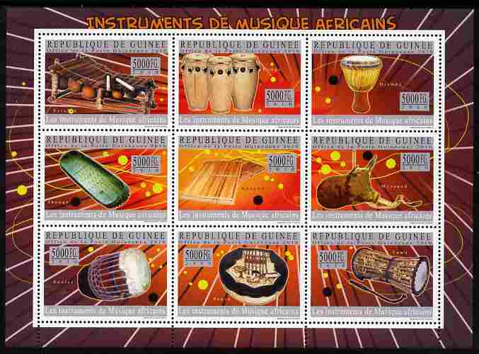 Guinea - Conakry 2010 Musical Instruments of Africa perf sheetlet containing 9 values unmounted mint, stamps on , stamps on  stamps on music, stamps on  stamps on musical instruments, stamps on  stamps on 