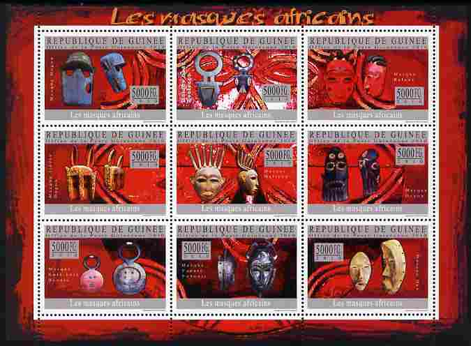 Guinea - Conakry 2010 Masks of Africa perf sheetlet containing 9 values unmounted mint, stamps on masks