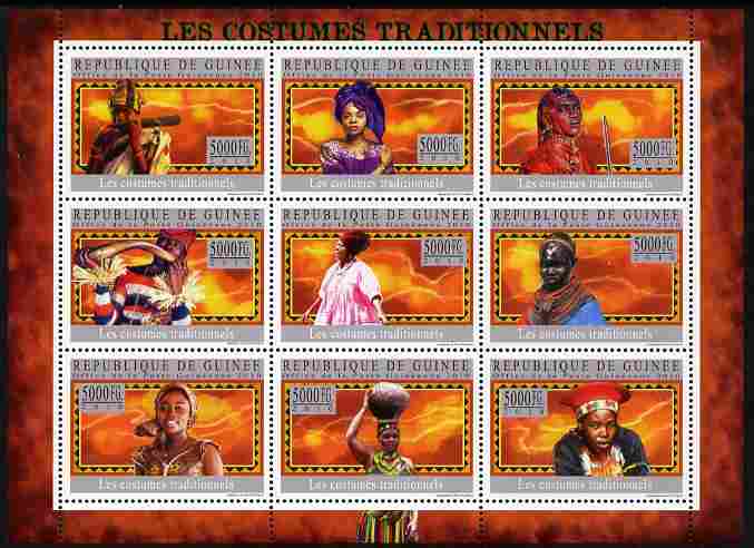 Guinea - Conakry 2010 Traditional Costumes perf sheetlet containing 9 values unmounted mint, stamps on , stamps on  stamps on costumes