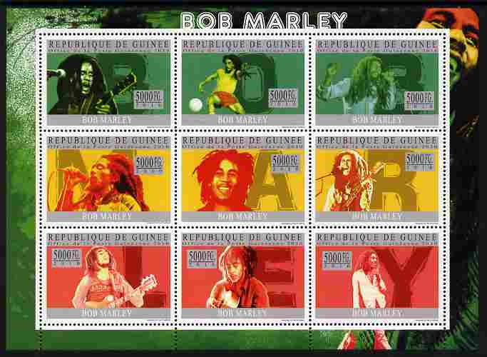 Guinea - Conakry 2010 Bob Marley perf sheetlet containing 9 values unmounted mint, stamps on music, stamps on hendrix, stamps on pops, stamps on rock, stamps on football