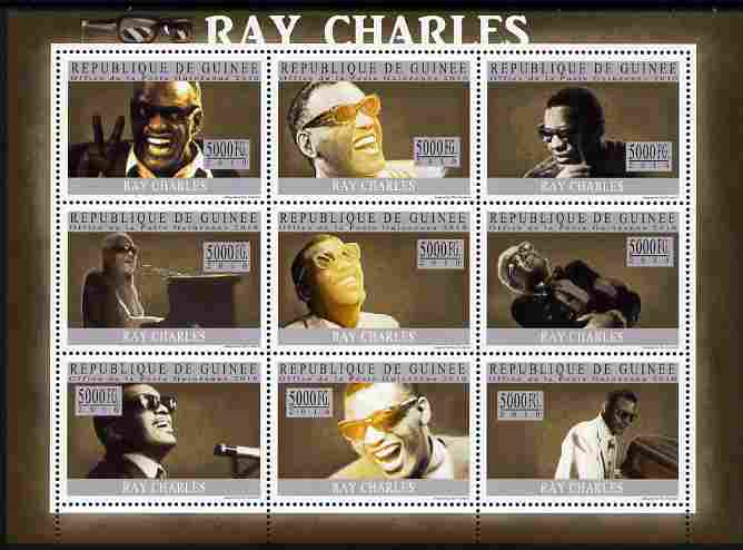 Guinea - Conakry 2010 Ray Charles perf sheetlet containing 9 values unmounted mint, stamps on , stamps on  stamps on music, stamps on  stamps on hendrix, stamps on  stamps on pops, stamps on  stamps on rock, stamps on  stamps on blind, stamps on  stamps on disabled