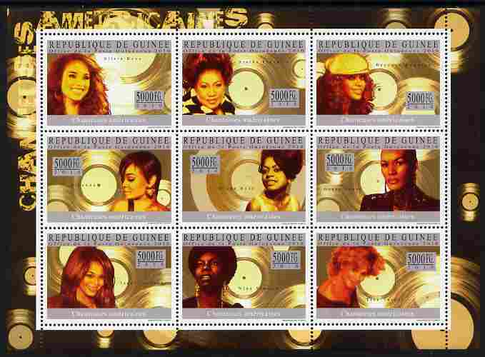 Guinea - Conakry 2010 Female American Singers perf sheetlet containing 9 values unmounted mint, stamps on , stamps on  stamps on music, stamps on  stamps on jazz, stamps on  stamps on personalities, stamps on  stamps on women, stamps on  stamps on americana, stamps on  stamps on pops, stamps on  stamps on rock