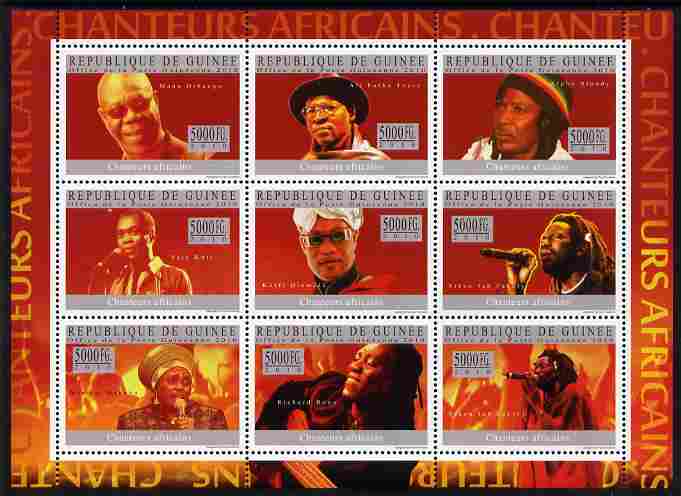 Guinea - Conakry 2010 African Singers perf sheetlet containing 9 values unmounted mint, stamps on , stamps on  stamps on music, stamps on  stamps on jazz, stamps on  stamps on personalities, stamps on  stamps on pops, stamps on  stamps on rock