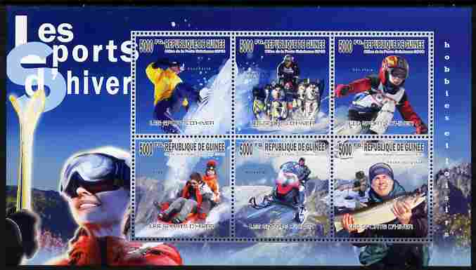 Guinea - Conakry 2010 Winter Sports perf sheetlet containing 6 values unmounted mint, stamps on , stamps on  stamps on sport, stamps on  stamps on sleds, stamps on  stamps on luge, stamps on  stamps on fishing, stamps on  stamps on skiing, stamps on  stamps on snowboard