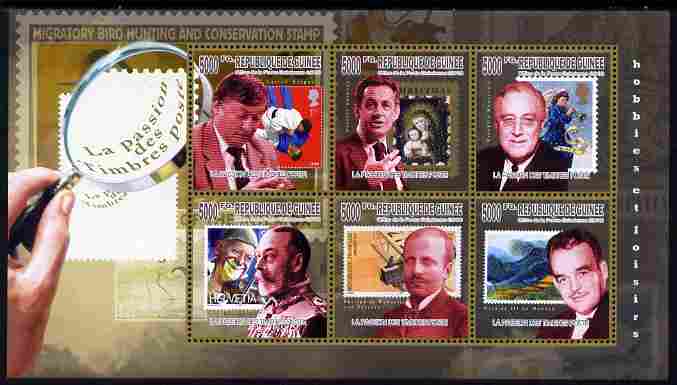 Guinea - Conakry 2010 Passion for Stamp Collecting perf sheetlet containing 6 values unmounted mint, stamps on personalities, stamps on judo, stamps on martial arts, stamps on usa presidents, stamps on americana, stamps on stamponstamp, stamps on stamp on stamp, stamps on royalty, stamps on chess