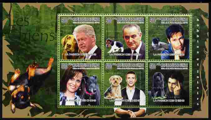 Guinea - Conakry 2010 Dogs & their Owners perf sheetlet containing 6 values unmounted mint, stamps on , stamps on  stamps on personalities, stamps on  stamps on dogs, stamps on  stamps on clinton, stamps on  stamps on usa presidents, stamps on  stamps on americana, stamps on  stamps on 