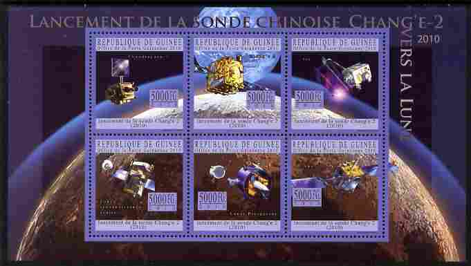 Guinea - Conakry 2010 Launch of Chang E-2 Probe perf sheetlet containing 6 values unmounted mint, stamps on , stamps on  stamps on space, stamps on  stamps on astronomy, stamps on  stamps on satellites, stamps on  stamps on moon