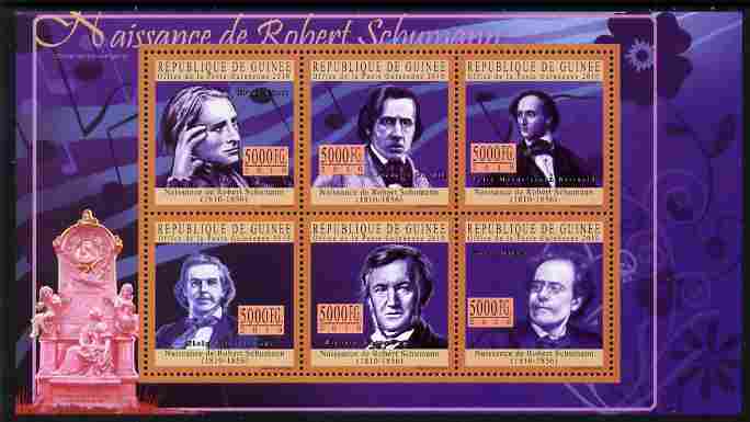 Guinea - Conakry 2010 200th Birth Anniversary of Robert Schumann perf sheetlet containing 6 values unmounted mint, stamps on , stamps on  stamps on music, stamps on  stamps on composers, stamps on  stamps on personalities, stamps on  stamps on 