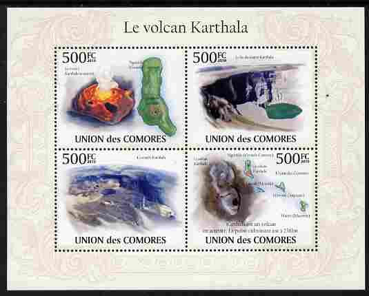 Comoro Islands 2010 Karthala Volcano perf sheetlet containing 4 values unmounted mint, stamps on , stamps on  stamps on volcanoes, stamps on  stamps on maps