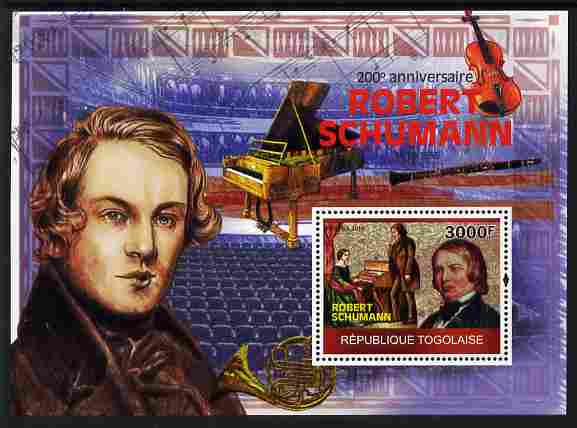 Togo 2010 200th Birth Anniversary of Robert Schumann perf m/sheet unmounted mint, stamps on , stamps on  stamps on music, stamps on  stamps on composers, stamps on  stamps on personalities, stamps on  stamps on 