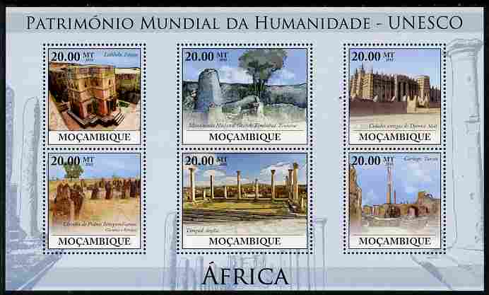 Mozambique 2010 UNESCO World Heritage Sites - Africa #1 perf sheetlet containing 6 values unmounted mint, stamps on , stamps on  stamps on tourism, stamps on  stamps on unesco, stamps on  stamps on heritage, stamps on  stamps on buildings, stamps on  stamps on 