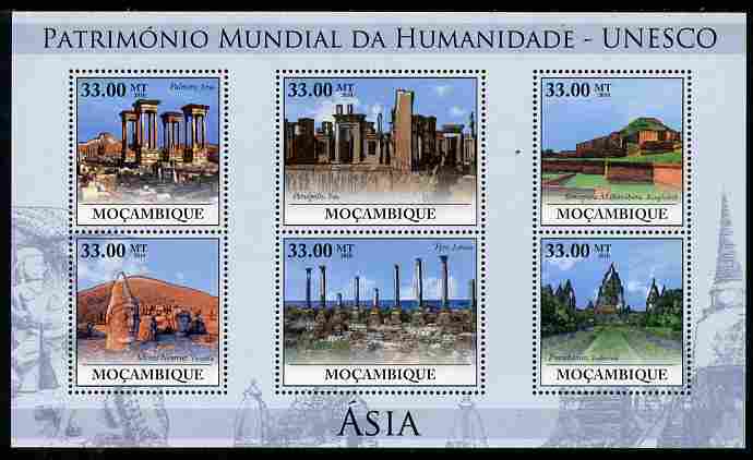 Mozambique 2010 UNESCO World Heritage Sites - Asia #1 perf sheetlet containing 6 values unmounted mint, stamps on tourism, stamps on unesco, stamps on heritage, stamps on buildings, stamps on 