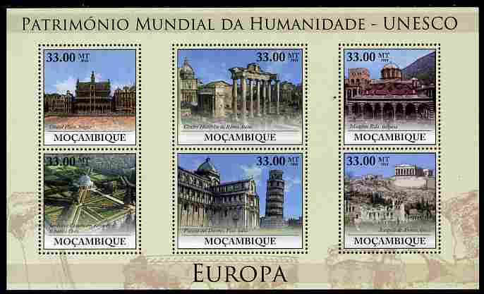 Mozambique 2010 UNESCO World Heritage Sites - Europe #1 perf sheetlet containing 6 values unmounted mint, stamps on tourism, stamps on unesco, stamps on heritage, stamps on buildings, stamps on 