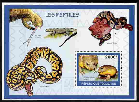 Togo 2010 Reptiles perf m/sheet unmounted mint , stamps on animals, stamps on reptiles, stamps on frogs, stamps on snakes
