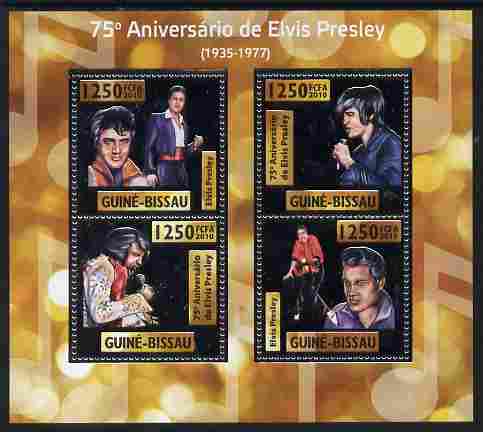 Guinea - Bissau 2010 75th Birth Anniversary of Elvis Presley perf sheetlet containing 4 values (silver background) unmounted mint , stamps on , stamps on  stamps on personalities, stamps on  stamps on elvis, stamps on  stamps on music, stamps on  stamps on films, stamps on  stamps on cinema, stamps on  stamps on movies, stamps on  stamps on pops, stamps on  stamps on rock