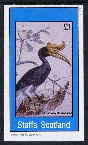 Staffa 1982 Birds #16 (Le Calao Rhinoceros) imperf souvenir sheet (£1 value) unmounted mint , stamps on birds